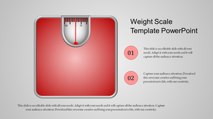 PowerPoint slide featuring a red weight scale graphic with text sections.