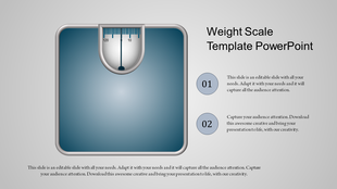 A metallic blue weight scale with a measurement dial, and two circular numbered text areas on the right.