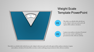 Creative weight scale PowerPoint template showcasing a triangular blue scale graphic and two captions.