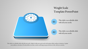 Weight scale PowerPoint template with a blue platform design, a circular dial, and two caption sections.