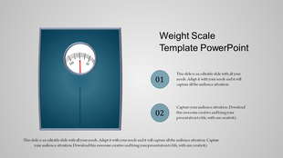 Blue weight scale illustration with a round analog dial, accompanied by two numbered text sections on a gray background.