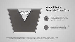 Weight scale PowerPoint template featuring a gray triangular scale with a white measurement dial and two numbered captions.