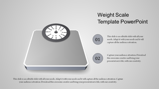 Gray weight scale illustration with a circular gauge and two numbered sections for text on a light background.