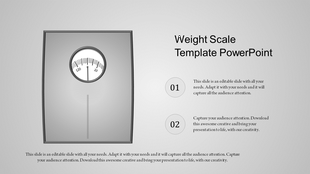 Gray themed weight scale PowerPoint template with a dial scale and two numbered sections with placeholder text.
