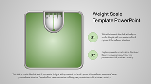 Green rectangular weight scale illustration with a dial at the top, paired with two numbered captions on a gray background.