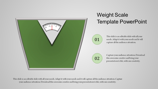Green weight scale graphic in a V shape, with an analog dial and two labeled text points on a gray background.