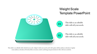 A slide featuring a teal weight scale illustration with two numbered placeholders text areas on the right.