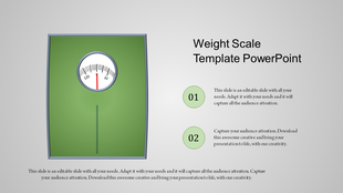 PowerPoint slide featuring a green analog weight scale design with text placeholders.