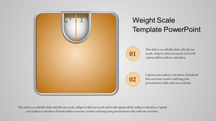 Weight scale PowerPoint template featuring a gold scale graphic with a measurement dial and two numbered captions.