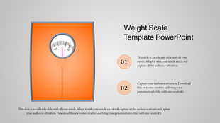 Orange weight scale illustration with a round analog dial, and two numbered text sections on a gray background.