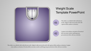 PowerPoint slide featuring a purple weight scale graphic with text sections.