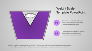 Purple V shaped weight scale with an analog gauge at the top, and two labeled text sections on the right.