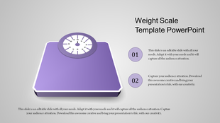 PowerPoint slide featuring a purple weight scale design with numbered captions.