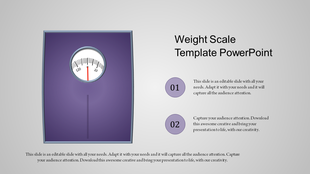 Weight scale design with a purple platform, circular gauge, and two numbered captions on a minimalist gray backdrop.