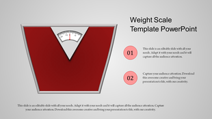 PowerPoint slide showcasing a red V shaped weight scale with text areas for details.