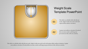 Slide with a gold weight scale illustration, a measurement gauge at the top, and two text sections labeled 01 and 02.