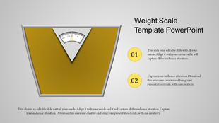PowerPoint slide showcasing a yellow V shaped weight scale with text areas for details.