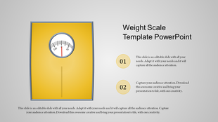 PowerPoint slide featuring a yellow weight scale graphic and two numbered sections for information.