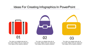 Creative PowerPoint design showcasing red, purple, and yellow bag icons with captions for infographic ideas.