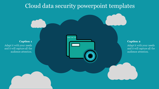 Cloud data security PowerPoint template featuring folder icons and a lock within a cloud themed design.