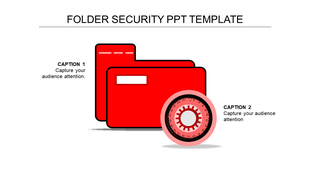 A red folder with a circular lock icon in front, paired with two caption areas on a white background.