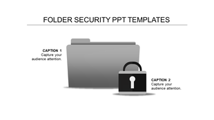 Folder security PowerPoint template with a grey folder and a padlock icon, emphasizing secure document management.