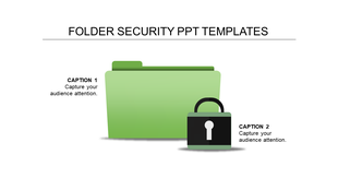 Green folder and black padlock graphic centered between two captions on a minimalist white slide.