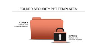 Folder security PowerPoint template featuring an orange folder and a lock icon for data protection themes.