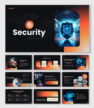 The Security presentation with digital shield, cybersecurity icons, data protection, and threat prevention visuals.