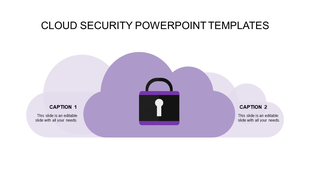 Purple cloud design with a padlock icon symbolizing cloud security, accompanied by captions on both sides.