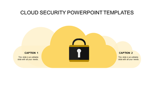A cloud security slide featuring a lock icon in the center surrounded by clouds with caption placeholders.