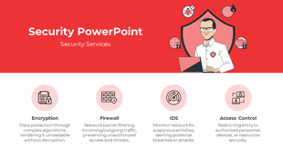 Security slide showcasing key security services like encryption, firewall, IDS, and access control with corresponding icons.