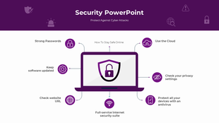 Purple themed Security PowerPoint template featuring a laptop with a lock icon and tips for staying safe online.