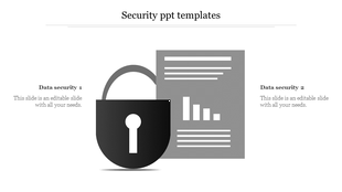 Security graphic with a padlock icon and a document, featuring placeholder text areas and bar chart.