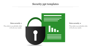 Security PowerPoint slide featuring a lock icon and a green document with text and bar graphs.