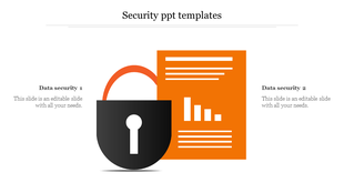Data security presentation template with a large padlock graphic and an orange bar chart document, accompanied by text.
