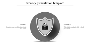 Monochromatic security presentation template featuring a shield icon with a padlock and text areas labeled Security 1 and 2.