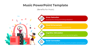 Music themed slide with four benefits in red, yellow, green, and blue bars, alongside a fun illustration.