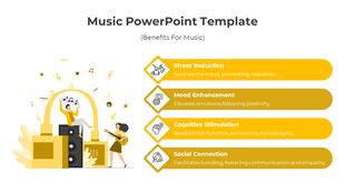 Creative slide design showcasing music's benefits with yellow themed text boxes and highlighting music's positive effects.