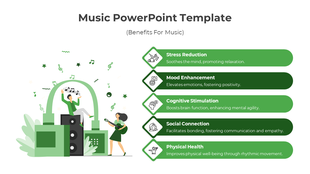 Slide featuring a music theme, with icons representing benefits from stress reduction to physical health.