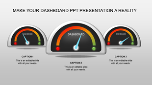 Colorful dashboard style meters PPT slide with captions and placeholder text.