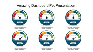 Dashboard slide with six gauge meters displaying low to high ranges, each labeled with captions below.