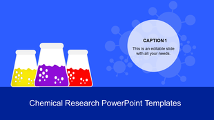 Chemical research slide with three colorful flasks containing yellow, purple, and red liquids on a blue background.