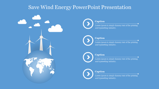 Wind energy infographic with a globe, turbines, and placeholders text areas on a blue background.