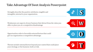 SWOT analysis design featuring color-coded sections with gear, magnifying glass, target, and head icons.