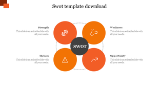 SWOT PPT template with four sections from Strength to Opportunity, each with a corresponding icon in orange circles.