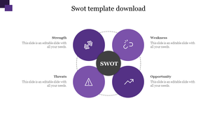 Structured SWOT template in purple, with a central black circle and four surrounding labeled sections.