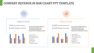Revenue comparison slide with target and actual data displayed in bar charts and financial icons in blue and orange.