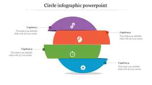 Colorful circle infographic with segmented layers in purple, red, green, and blue, featuring icons and captions.
