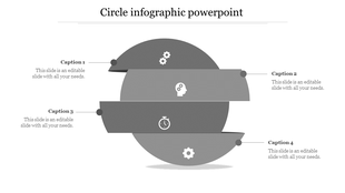 Gray circular infographic with three horizontal banners and a segmented sphere, each featuring an icon and caption areas.